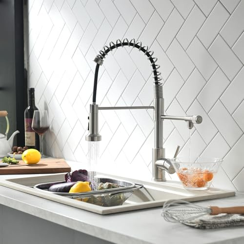 TIMACO - Rubinetto da cucina a 3 vie con doccetta estraibile, girevole a 360°, miscelatore 3 in 1 per filtro dell'acqua, miscelatore a molla a spirale con doppia leva, ad alta pressione