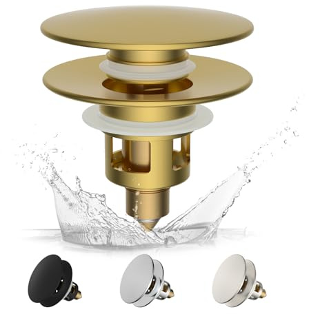 Hibbent Universaler Waschbeckenstöpsel (1,1''-2,36''/28-60mm), Stöpsel Waschbecken, Edeles Messing-Federkern-Druckventil, Waschbeckenstöpsel Pop Up, für Badezimmerwaschbecken, Gebürstetes Gold