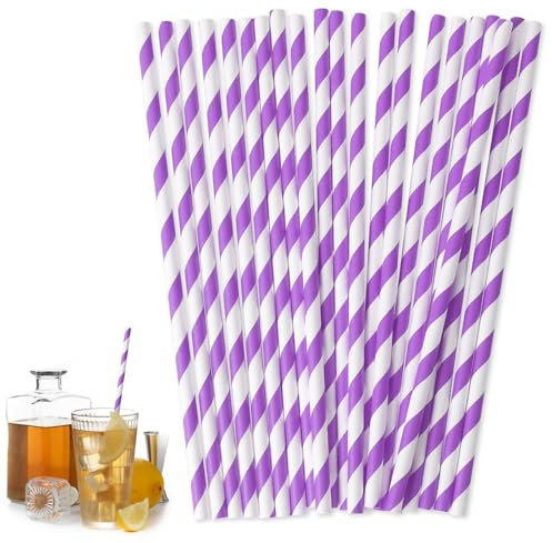 Papierstrohhalme, 100 Stück 19.6cm Lila Weiß Gestreifte Strohhalme Papier Biologisch Abbaubare Trinkhalme Umweltfreundlich Cocktail Strohhalme für Restaurants Bars Party Kaffee Saft