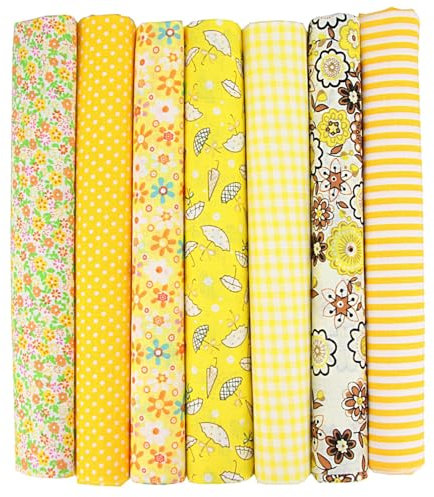 7er Set Baumwollstoff 50x50cm – Stoffe zum Nähen, Patchwork Stoffe, Stoffreste – DIY Stoff für Basteln, Quilten, Deko & Puppenkleidung – 100 % Baumwolle, Verschiedene Designs (Gelb, 50x50cm)