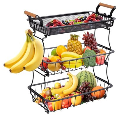 Generisch Obstkorb mit 3 Etagen & 2 Bananenhaltern - Großer Metall-Gemüsekorb für Küche, Theke & Speisekammer - Obstständer für Äpfel, Bananen, Zwiebeln & Snacks - Schwarz