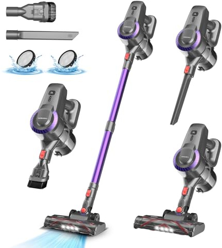Aspiradora inalámbrica con batería, 25000 Pa/175 W/50 min, cepillo antienredos y de pie, aspiradora de mano ultraligera con batería para alfombras, suelos duros, pelo de animales