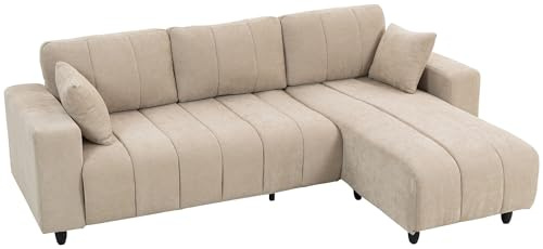 HOMCOM Sofá Chaise Longue Reversible, Sofá Esquinero en Forma de L de 3 Plazas, 2 Almohadas, Tapizado en Lino, Marco de Acero, para Salón, 242x156x87 cm, Beige