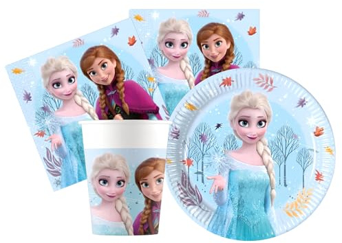 Kit Compleanno Tavola Frozen 16 Persone (52 Pezzi: 16 Piatti 18cm, 16 Bicchieri 200ml, 20 tovaglioli) in Carta
