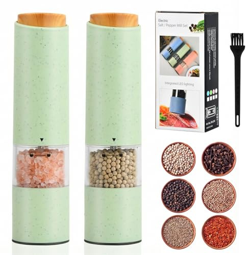Focenat 2 Paquetes Pimentero electrico,Molinillo Pimienta electrico,Salt and pepper grinder set,Salero y pimentero,Tosquedad Ajustable,Luz LED,Para Barbacoa,Cocina (Verde)