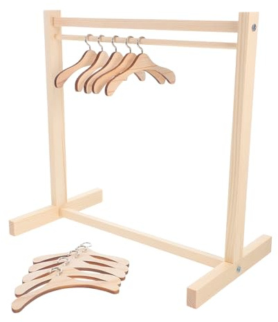 Veemoon Ensemble Porte-Robe en Bois pour Poupée 30 Cm Cintre Miniature Solide Support Vêtements de Poupée Petit Cintre en Plastique Accessoire Maison Présentoir pour Tenues et Peluches