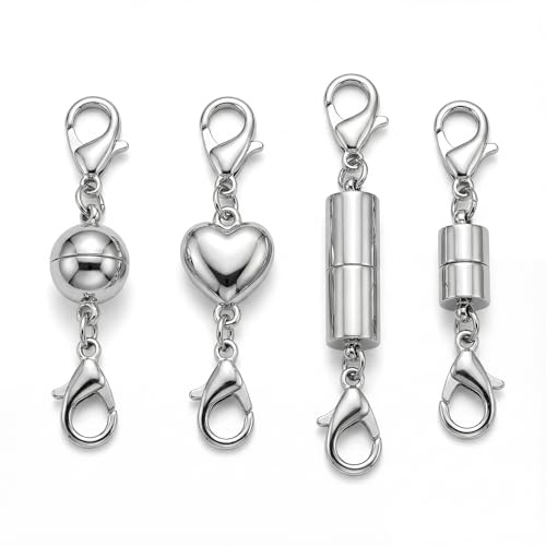 4 Pack Silver Magnetic Necklace Clasps, Jewellery Clasp Connector | Set for Bracelets and Necklaces — Cylinder, Heart, Ball & Mini Clasp Styles