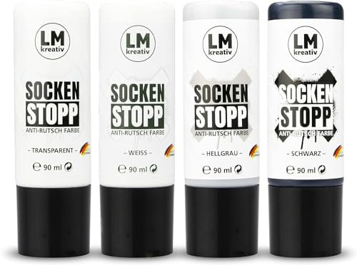 LM-Kreativ Socken Stopp Anti Rutsch Set (Set Schwarz, Weiß, Grau, Transparent) - ABS Antirutsch, Sock Stop Creme, flüssige Sockensohle, Rutsch-Stop