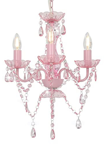 vidaXL Kronleuchter mit Perlen Deckenleuchte Lüster Kristall Lampe Leuchte Wohnzimmer Hängeleuchte Hängelampe Pendelleuchte Deckenlampe Rosa Rund 3xE14