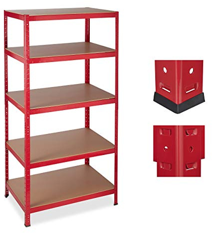 Relaxdays 2 Estanterías de Carga Pesada, 5 baldas, 1325 kg, Sistema de almacenaje, 180x90x60, Metal/MDF, Rojo