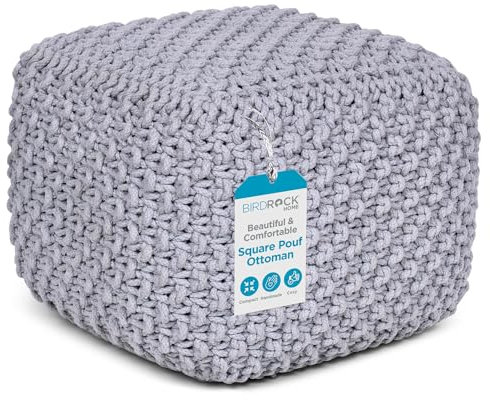 BIRDROCK HOME Square Pouf Ottoman | Cotton Braided Foot Stool with Bean Bag Filling | Boho Foot Rest for Living Room, Bedroom | Compact & Comfortable Seating, Lightweight & Sturdy | Grey