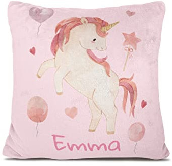 Personalisiertes Babykissen mit Tierdruck – weiches Fleecekissen mit Namen und Datum zur Taufe oder Geburt – Babygeschenk oder Geburtskissen - Kinder Kissenbezug - Kopfkissenbezug (Einhorn)