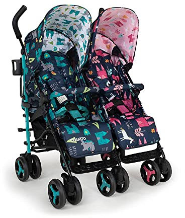 Cosatto Supa Dupa Doppelbuggy – Kinderwagen ab Geburt bis 25kg. Leicht, kompakt faltbar, mit Fußsäcken, Getränkehalter & Regenschutz (Fairy Tale)