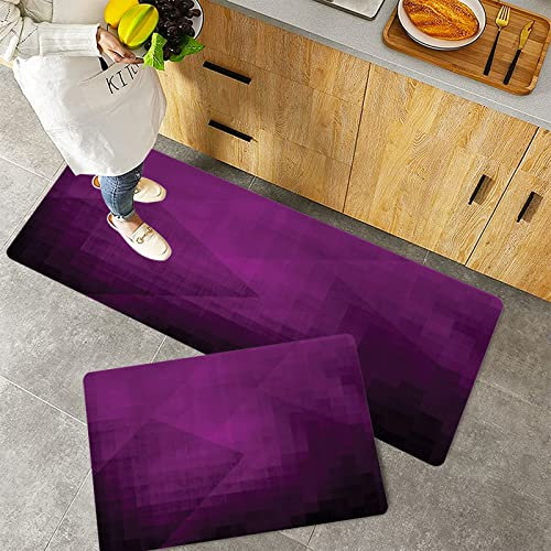 Küchenteppich Teppich Läufer Küchenläufer 2 Stück rutschfest,Aubergine, abstrakte lila Quadrate in verblassten Farbschema mit moderner Kunst inspiriert, Waschbar für Flur Küche 40 x 100 cm+40 x 60 cm