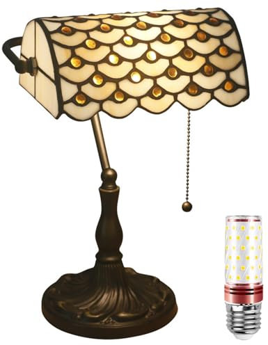 Uziqueif Retro Tiffany Style Tischlampe/Bankerlampe - E27 Schreibtischlampe mit Zugkettenschalter und 1 Leuchtmittel, Legierungsbasis - für Büro,Hause,Wohnzimmer,Schlafzimmer,Esszimmer,Glazed Beads