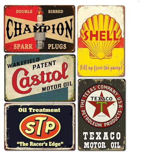 5er Set Retro Garage Deko Schilder Werkstatt Blechschilder Vintage Motorrad Metallschild Benzin Wandschild Auto Poster Motoröl Laden Metall Schilder Hauswand Raumdekoration Bar Deko 20x30 cm