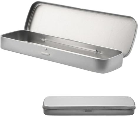 Tabanzhe Mini Portable Metal Pen Holder Stationery Pencil Box Makeup Brush Organiser, Silver Slim Pen Case, Compact Rectangular Hinged Case for Art Supplies, School and Travel, Home Organiser