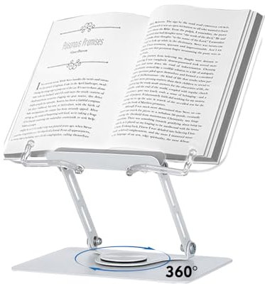 Atril para Libros - Acrílico Atril Estudio Rotación de 360° con Base de Aluminio y Brazo Ajustable, Atril Lectura Soporte Libros para Leer para Libros Gruesos y Recetas