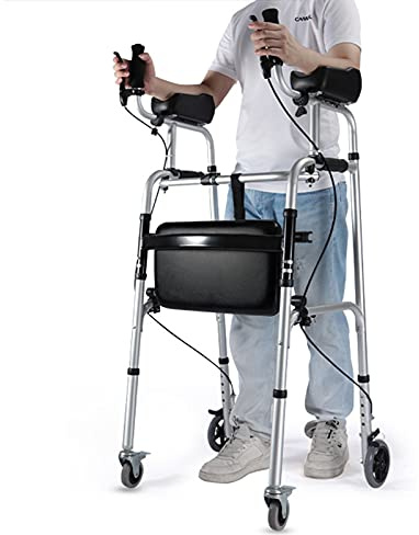Unterarmstütze, Bremsen, Sitzwagen für Behinderte/ältere Menschen, faltbarer Aluminium-Rollator, 150 kg Tragkraft, aufrechter Gehwagen mit Rädern und Sitz