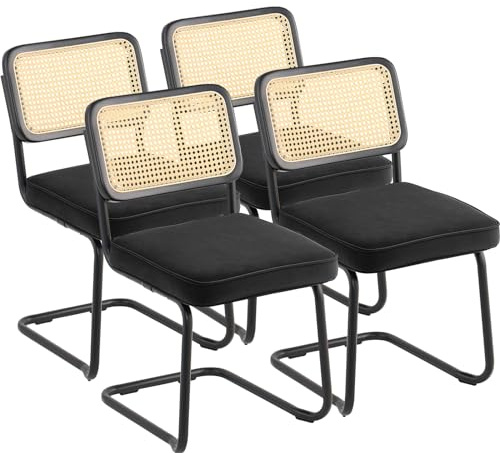 VEVOR Sedie in Rattan, Set di 4, Sedia da Pranzo Moderna della metà del secolo, Sedia Imbottita in Velluto con Schienale in Rattan, Sedie per Sala da Pranzo Intrecciate per Soggiorno, Ufficio, Nero