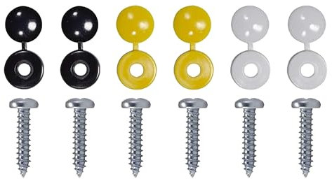 Tek Automotive Number Plate Screws and Caps Set - 12 Pcs with Black White Yellow Screw Caps and 6 Self Tapping Screws | Number Plate Fixing Kit for Car Registration Plates and License Plates
