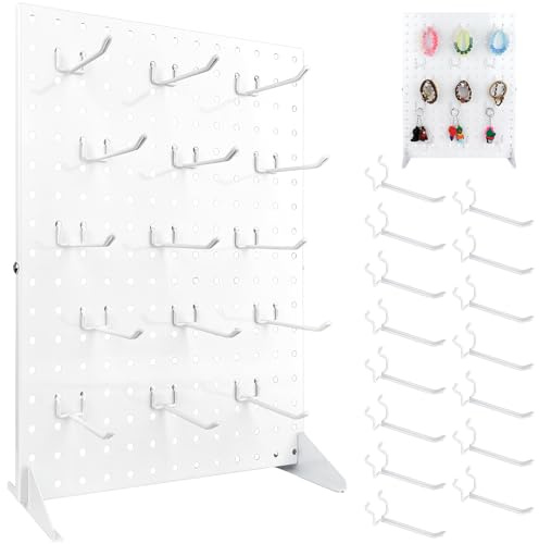 HAUYEST Metal Pegboard Display Stand with 15 Hooks,Pegboard Stand, Market Stall Display for Selling Accessories Vendors & Events Retail Craft Shows (White