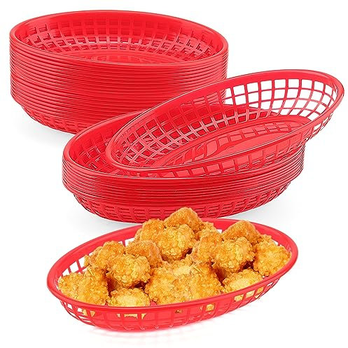 FAAING 40 cestas de comida rápida de estilo retro, color rojo, 22,5 x 14 x 4 cm, de plástico, ovaladas, cesta de pan, hamburguesas para patatas, hamburguesas, sándwiches