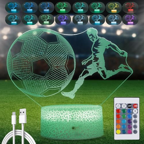 WIYETY Lampada da Calcio 3D Illusione con Luce Notturna, Telecomando e 16 Cambiamenti di Colore - Regalo per Ragazzi, Cameretta dei Bambini