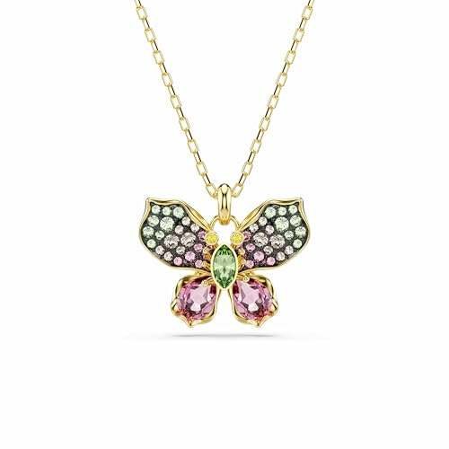 Swarovski Idyllia Anhänger, Mehrfarbige, Vergoldete Damenhalskette mit Schmetterling-Anhänger aus Strahlenden Kristallen, Länge: 42-49 cm
