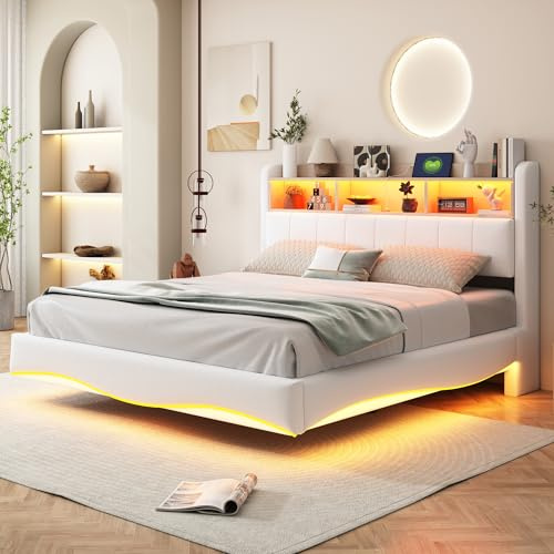 KUAKE Letto matrimoniale imbottito 160 x 200 cm, letto contenitore multifunzionale con luce LED, interfaccia USB e Type-C, tessuto di lino (Beige, 160 x 200 cm)