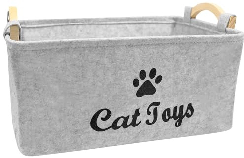 inheming Dog Toy Box Storage Basket Bin, Large Folding Cat Toy Box, Felt Pet Toy basket, Felt Pet Toy Bin ,38cm x 25cm x 18cm Grey