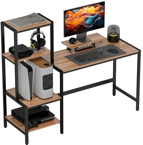 HOMCOM Scrivania PC con Scaffale Reversibili a 4 Ripiani e Supporto per Monitor, Scrivania per Computer 15.6 con Piano per CPU e Stampante, per Ufficio e Studio, 150x48x125cm, Marrone