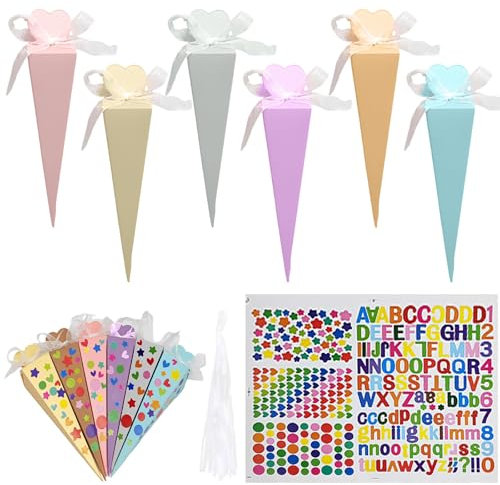 CALLYSONIC 30 Stück Mini Schultüte Klein, Schultüte Selber Basteln Mit Aufklebern Und Schleifenband, Zuckertüte Klein Zur Einschulung, Herzförmige Spitze Kegelbox Für Mädchen Junge Schulgeschenke (N)