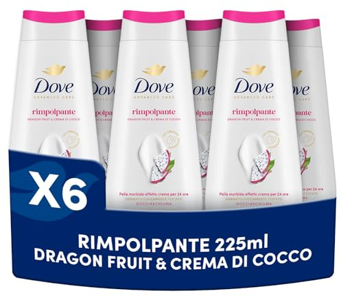 Dove Docciaschiuma Dragon Fruit & Coconut, Bagnodoccia Idratante, Formula Delicata al 94% Biodegradabile, con Agenti Idratanti Vegetali, Senza Solfati SLES, Bagnodoccia Uomo e Donna, 6 Pezzi da 225 ml