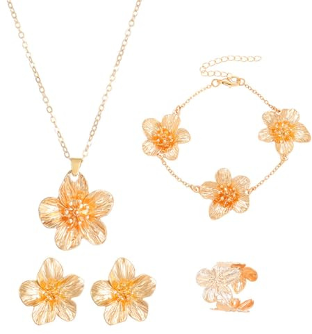 XFSRG Bijoux Femme 5 Pièces Alliage Fleur Bague Boucles d'Oreilles Collier Bracelet Idéal pour Cadeaux, Occasions Spéciales et Femmes
