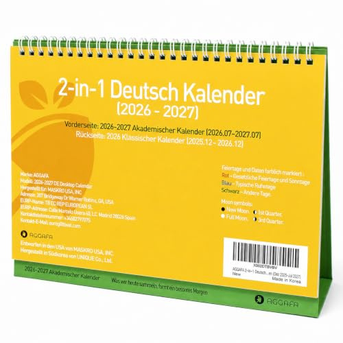 AGGAFA 2-in-1 Tischkalender 2026–2027, größere Schrift & mehr Platz zum Schreiben, doppelseitiger Kalender mit akademischem & traditionellem Jahr, Mondphasen und Feiertagen (Dez 2025–Jul 2027)