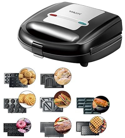 SOKANY 8-IN-1 Multifunktionsgerät 750W [ Sandwichmaker, Waffeleisen, Kontaktgrill, Donut Maker, Hot Dog, Walnut, Cookies, Madeline Cake ] 8 Antihaftbeschichtete Platten, leichte Reinigung