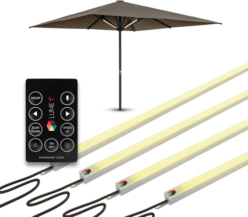 Lume1 Lot de 4 éclairages de parasol avec télécommande, lampes pour la restauration, 4 bandes LED, blanc chaud avec 1000 lumens, 2700 K, éclairage agréable, batterie incluse (Smart Lot de 4 modèles