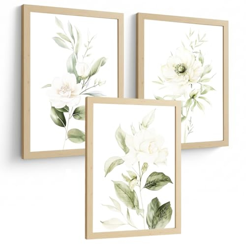 Nacnic Set De 3 Láminas Botánicas Flores Verdes Blancas. Posters Acuarela De Plantas Tonos Verdes Suaves Cuadros. Laminas Decorativas Pared Para Salón Y Dormitorio. Tamaño A3 Sin Marcos