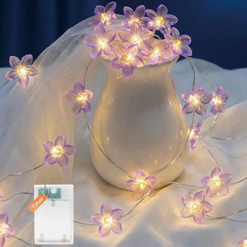 Afaiup Guirnalda de luces LED con diseño de lirios, 2 m, 20 unidades, micro luz blanca cálida, para interiores, funciona con pilas con temporizador, guirnalda de flores para decoración de primavera