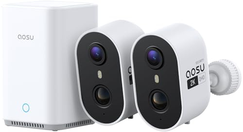 aosu 2K Caméra Surveillance WiFi Extérieure Intérieur sans Fil, PIR + IA | Kit 2 Caméras avec aosuBase 2.0 32 Go, Extensible 1 To, Sans Abonnement, Vision Nocturne Couleur, Détection Personne Véhicule