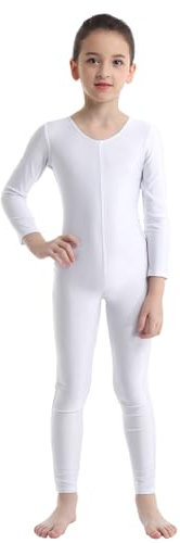 Agoky Unisex Mädchen Jungen Basic Ganzkörperanzug Einteiler Schlafanzug Jumpsuit Kostüm Ballettanzug Overall Langarm Body Weiß 128-140