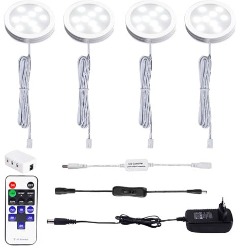 AIBOO LED Luce Sottopensile Cucina Dimmerabile con Telecomando RF Wireless, Illuminazione A LED da Incasso per Armadio, EUR Spina, 4 Luci LED con Display, 12V 8W Under Vetrine(Bianca Freddo 6000K)