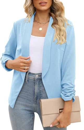 POGTMM Short Blazers for Women,Business Casual Jackets 3/4 Sleeve Blazer Open Front Cardigan (Light Blue, M)