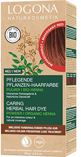 LOGONA Naturkosmetik Pflegende pflanzliche Haarfarbe, Veganes Haarfarbe-Pulver mit Bio-Henna für intensive Farbe und Glanz, Pflanzenhaarfarbe in Mahagonirot (Rot-Braun), 1 x 100g