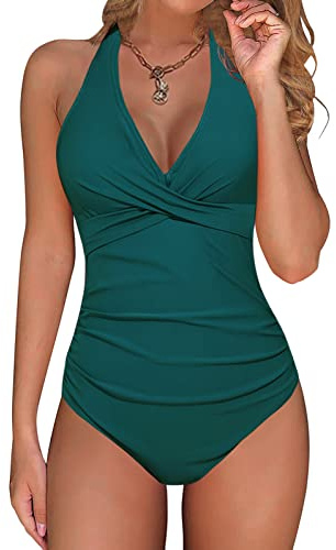 UMIPUBO Costume da Bagno Intero Donna Sexy Scollo a V Bikini Push Up Imbottito Reggiseno Curvy. Costumi da Mare Un Pezzo Cross Spiaggia Swimwear Marina Blu Scuro, L