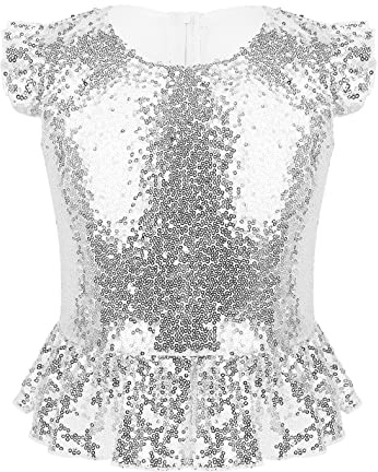 ranrann Enfant Fille T-Shirt Paillette Volant Costume Brillant Crop Top Manches Courtes Flutter Retour Zipper Blouse Gilet Haut de Danse Halloween Carnaval Fête 4-12 Ans Argenté 13-14 Ans