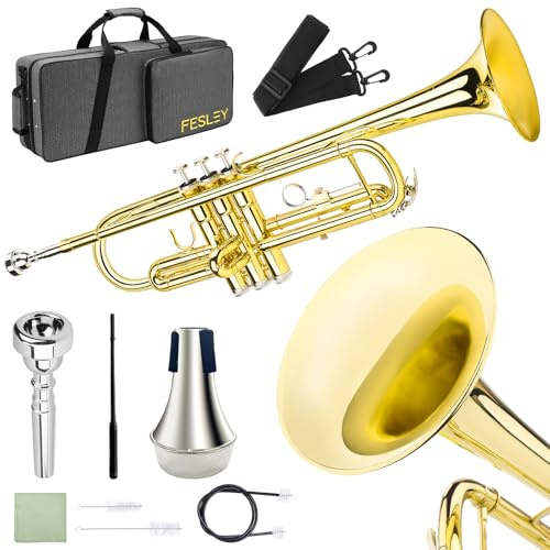 Fesley Bb Standard Trumpet Set: Brass Trumpets for Beginner Student, Brass Trumpet Instrument with 7C Mouthpiece, Hard Case, Cleaning Kit (Golden)