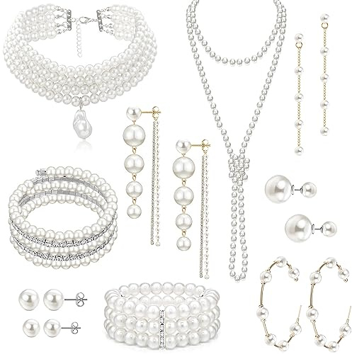 EIELO 16 Pcs Artificial Pearl Necklace Earrings Set for Women Simulated Pearl Bracelet Choker Faux Pearl Necklace Dangle Earrings Jewelry Set