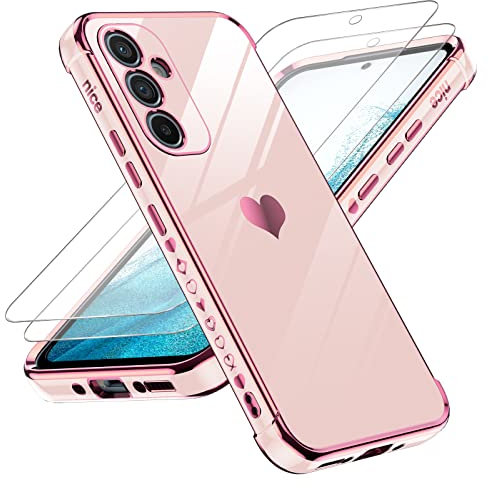 LeYi Funda para Samsung Galaxy A54 5G, Silicona Carcasa con 2pcs Cristal Templado, Corazón Amor Mujer Estuche Protector Galvanizado Suave TPU Bumper Resistente Antigolpes Móvil Case, Rosa